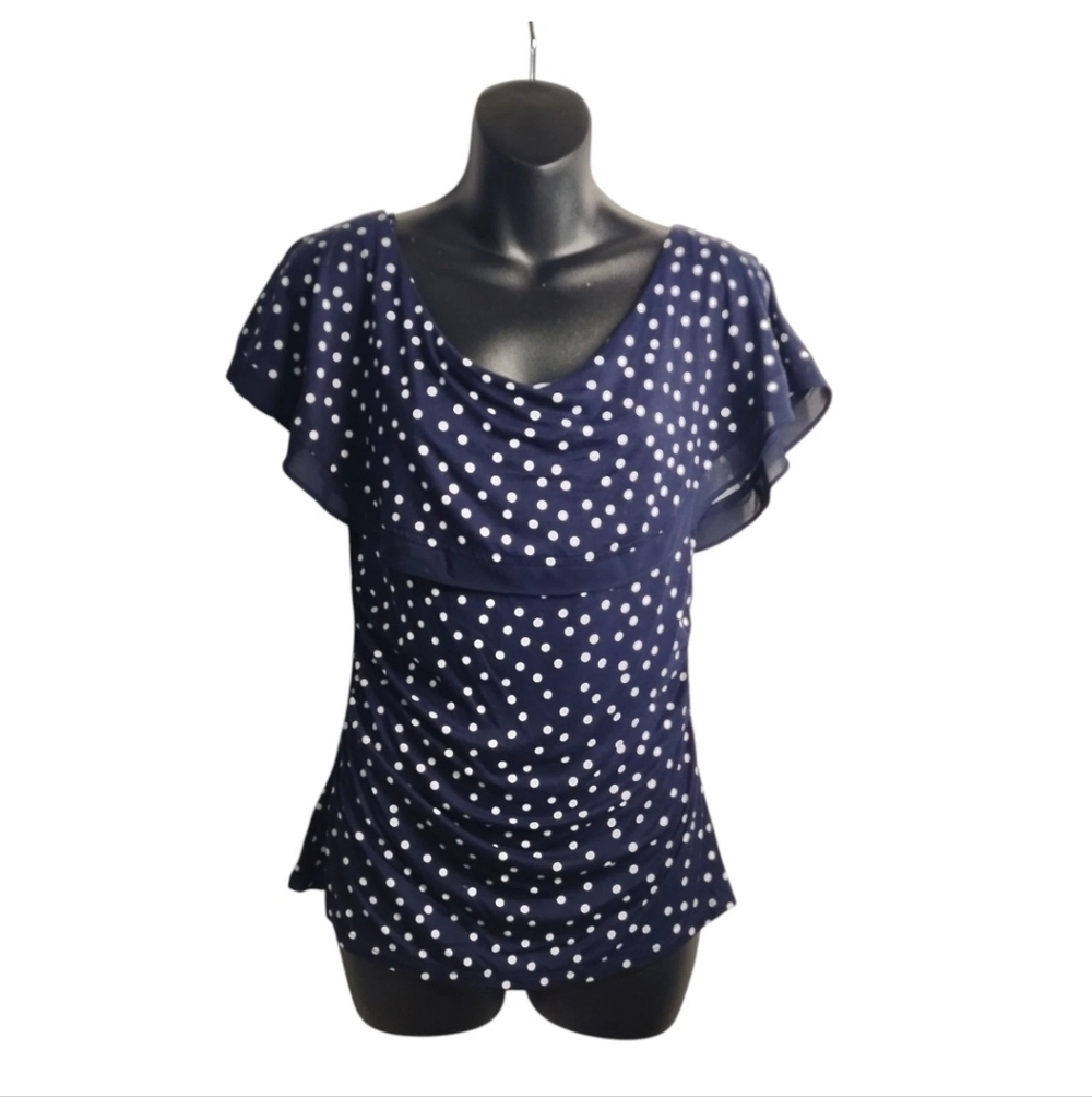Tommy Hilfiger Women's SP Sleeveless Top Neck Ruffle Navy White Dots Stretch NWT